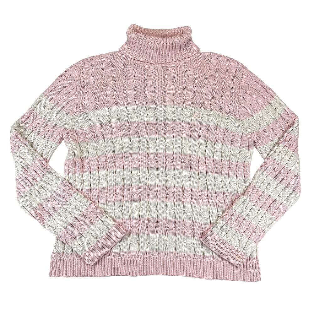 Chaps Cable Knit Turtleneck Sweater Women’s XL Pink Off White Logo Preppy